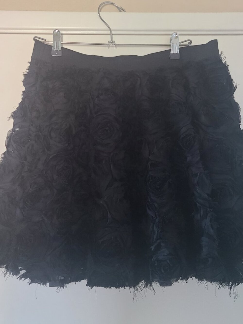 Free People Black 3D Floral Rosette Mini Skirt Boho Elastic Waist Size L